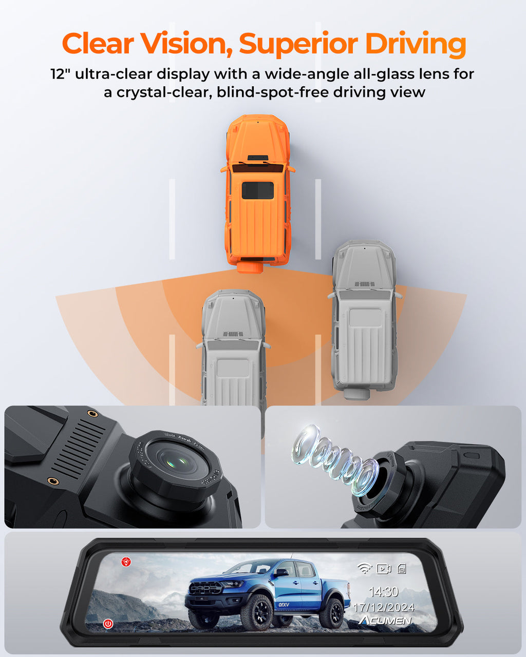 The Legend 4CH Waterproof Mirror Dash Cam, 1080P 4-Cam