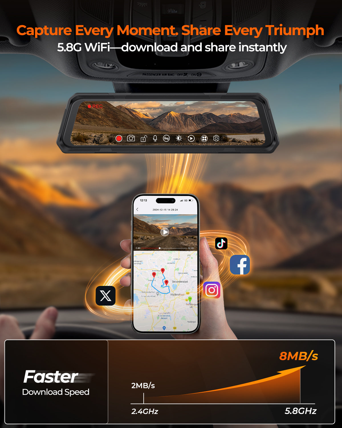 The Legend 4CH Waterproof Mirror Dash Cam, 1080P 4-Cam