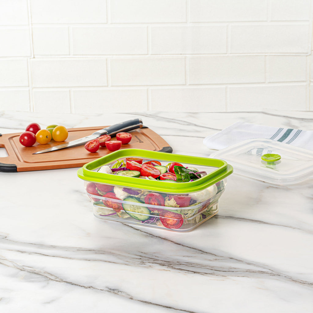 Fresh Hero 32 oz Green Silicone Airtight Food Storage Container - with Vented Lid, Collapsible - 7 3/4" x 5 1/2" x 2 3/4" - 20 count box