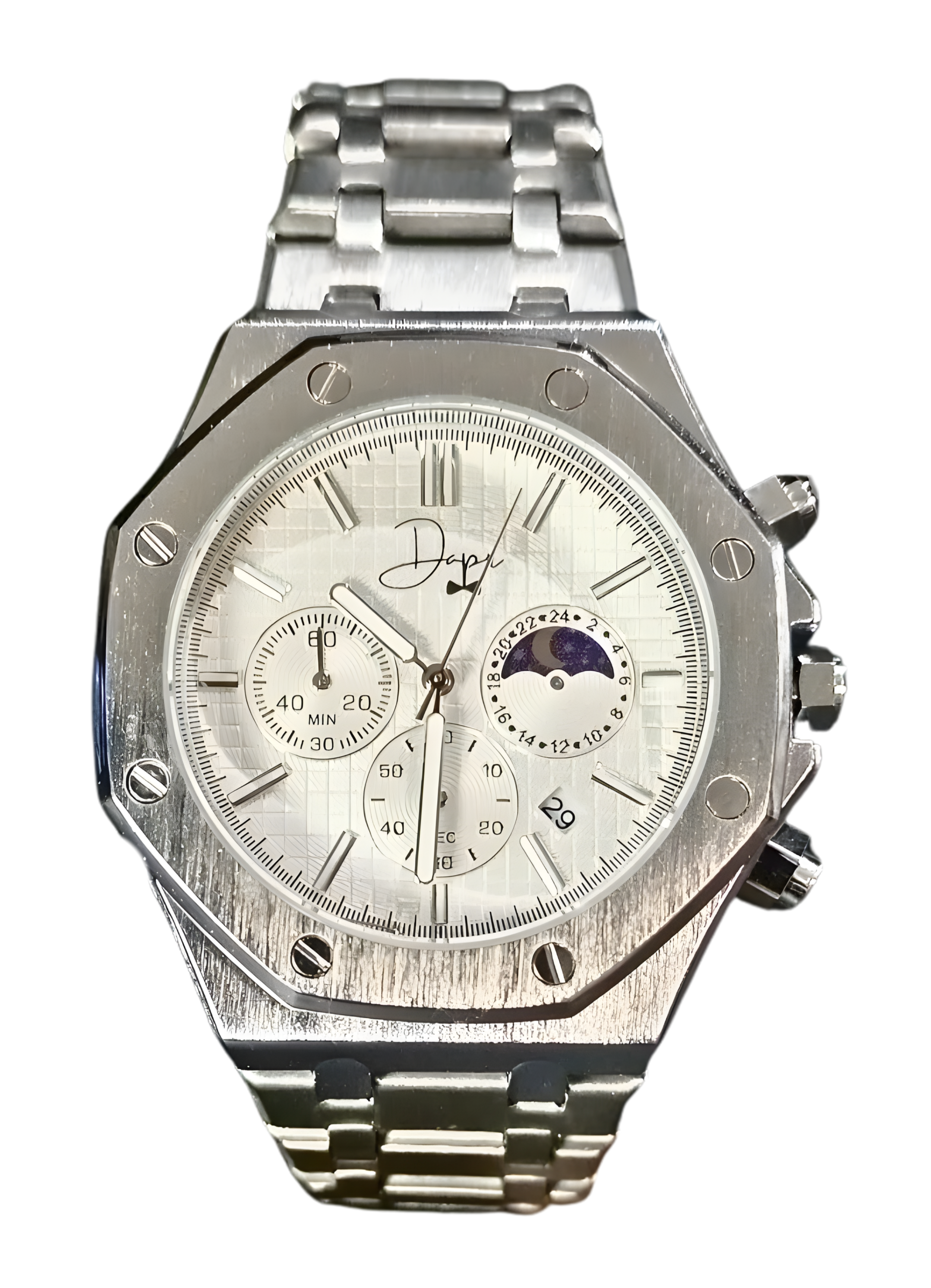 Silberne Edelstahluhr – ChronoLunar White Dial von Dapper Watches