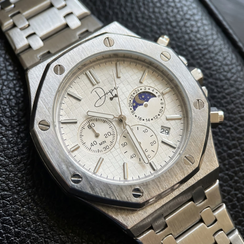 Silberne Edelstahluhr – ChronoLunar White Dial von Dapper Watches