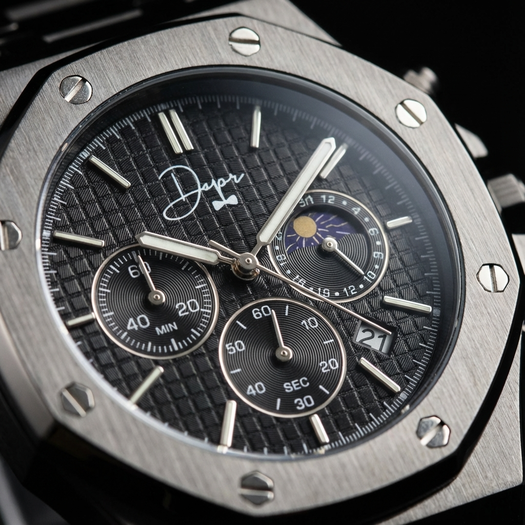 Edelstahl-Chronograph - ChronoLunar Schwarzes Zifferblatt von Dapper Watches