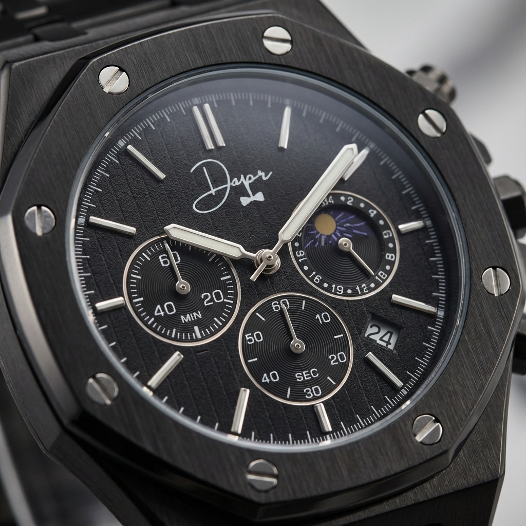 Schwarze Edelstahl-Uhr - ChronoLunar All Black von Dapper Watches