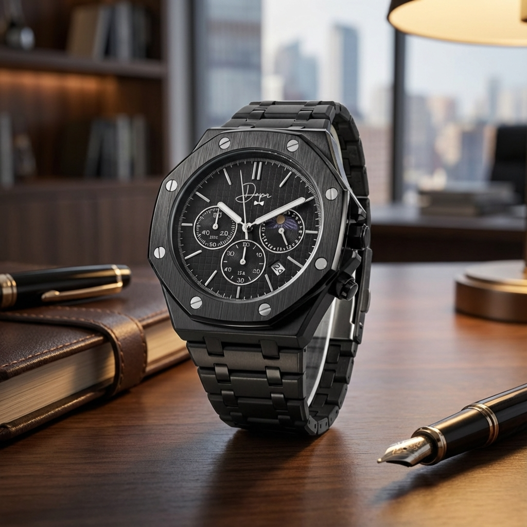Schwarze Edelstahl-Uhr - ChronoLunar All Black von Dapper Watches