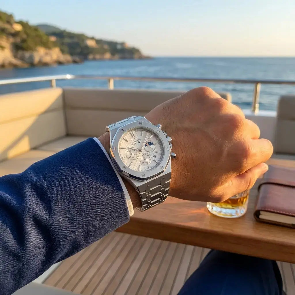 Silberne Edelstahluhr – ChronoLunar White Dial von Dapper Watches