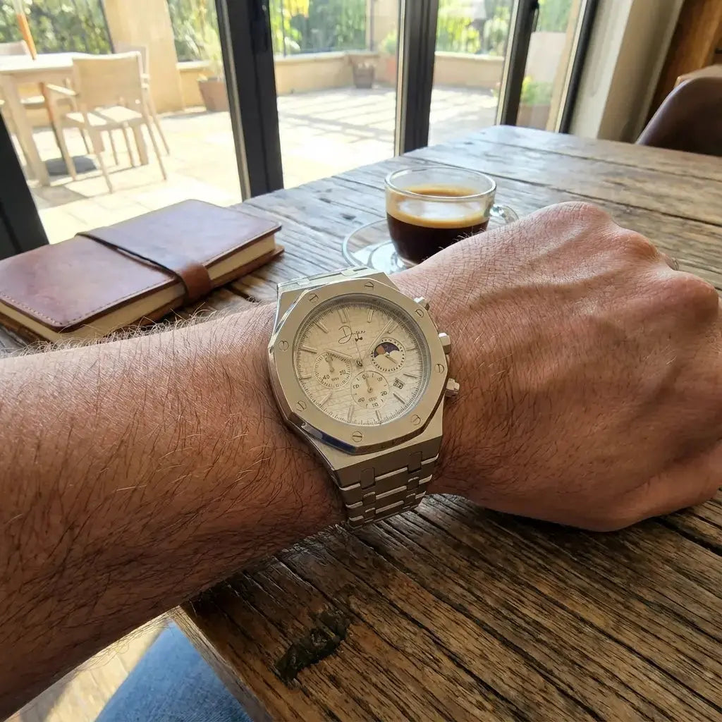 Silberne Edelstahluhr – ChronoLunar White Dial von Dapper Watches