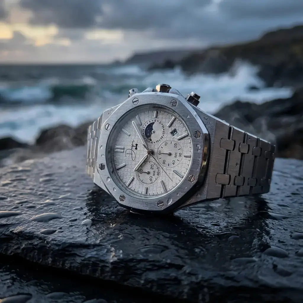 Silberne Edelstahluhr – ChronoLunar White Dial von Dapper Watches