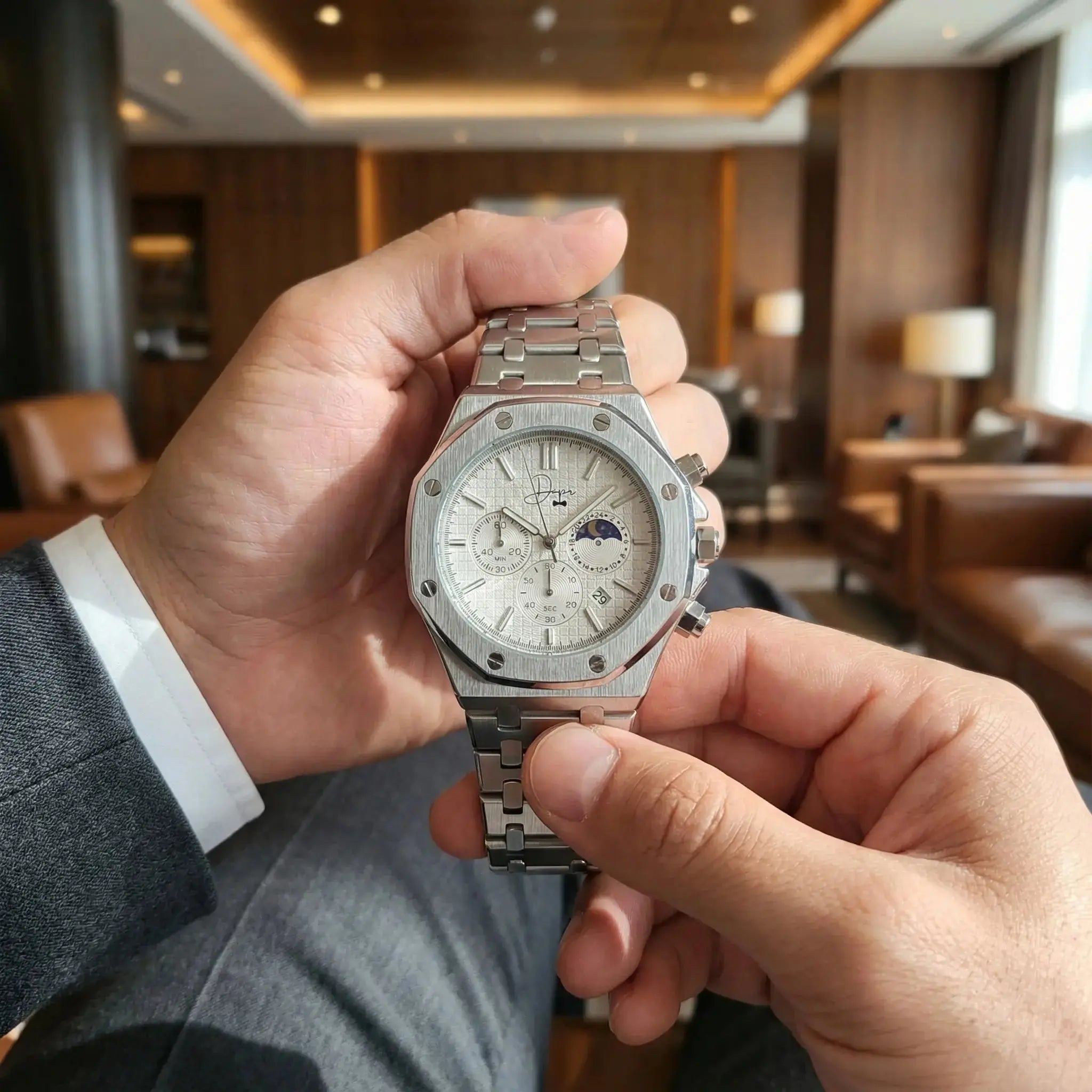 Silberne Edelstahluhr – ChronoLunar White Dial von Dapper Watches