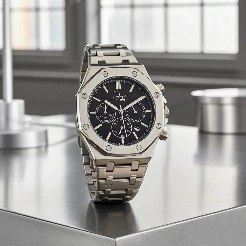 Edelstahl-Chronograph - ChronoLunar Schwarzes Zifferblatt von Dapper Watches