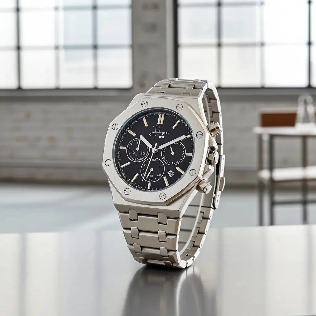 Edelstahl-Chronograph - ChronoLunar Schwarzes Zifferblatt von Dapper Watches