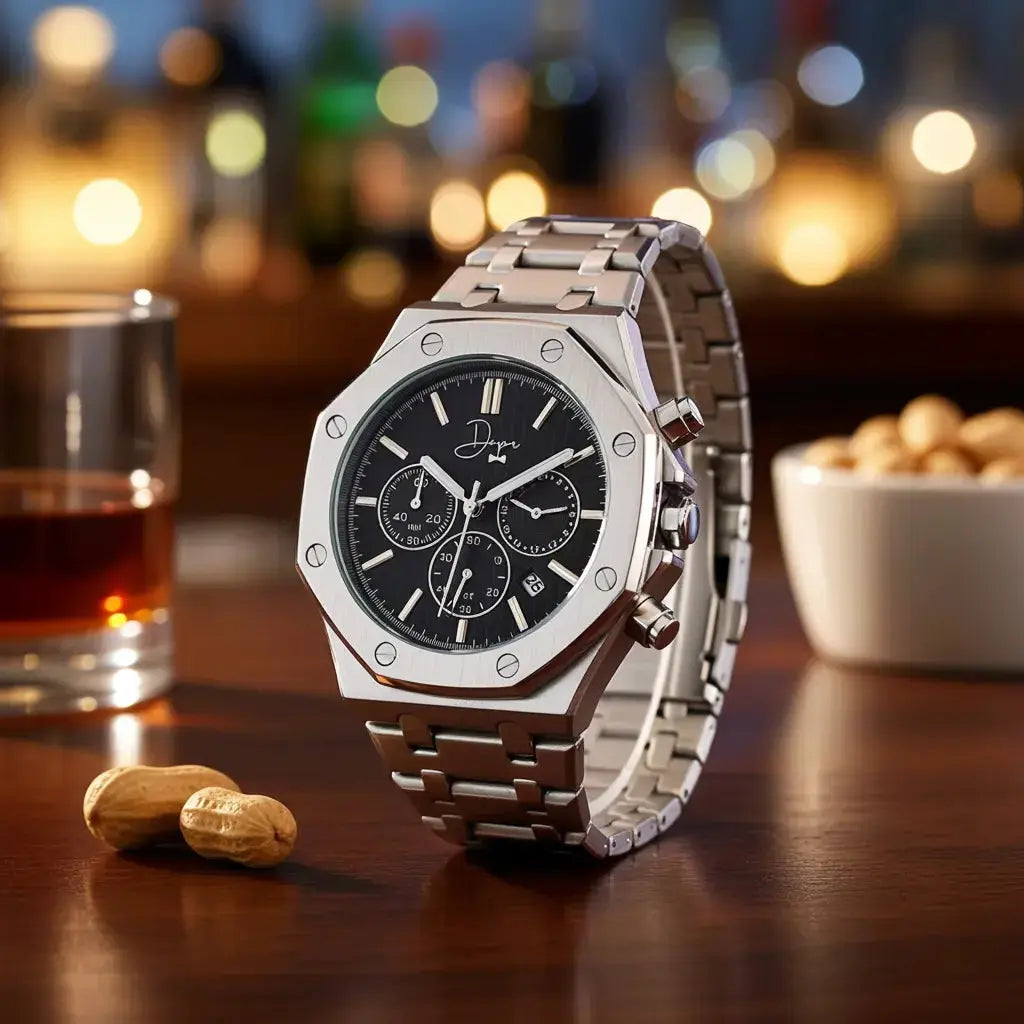 Edelstahl-Chronograph - ChronoLunar Schwarzes Zifferblatt von Dapper Watches
