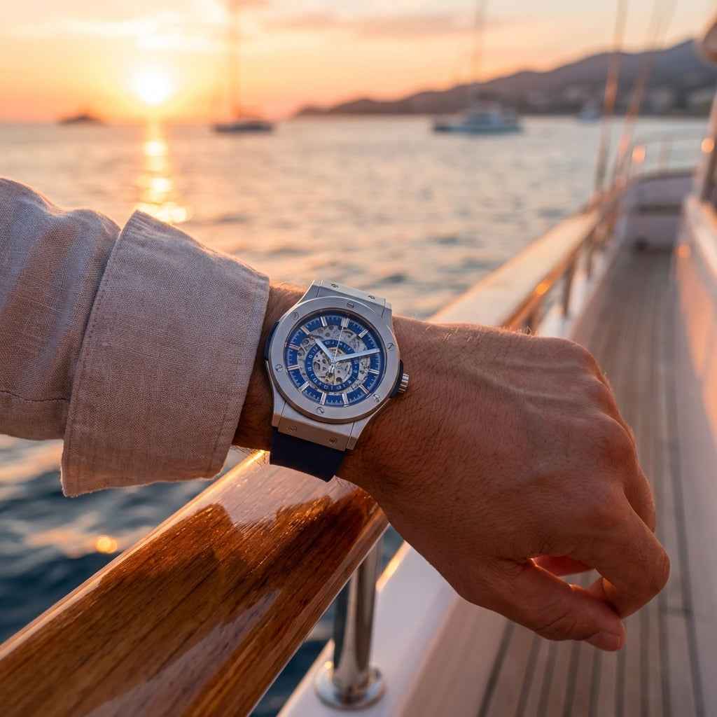 Skelettuhr aus Edelstahl – The 199 Blue von Dapper Watches