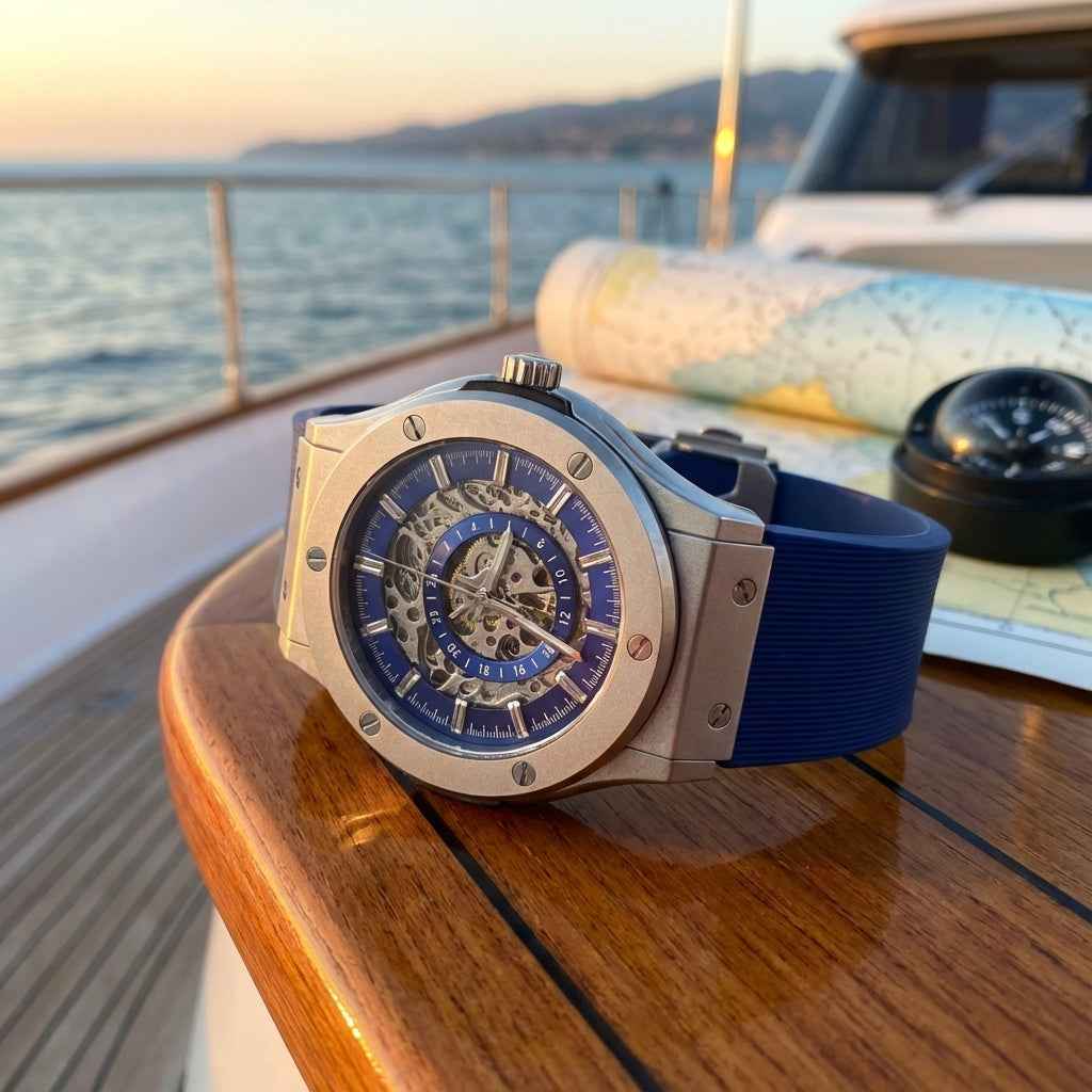 Skelettuhr aus Edelstahl – The 199 Blue von Dapper Watches